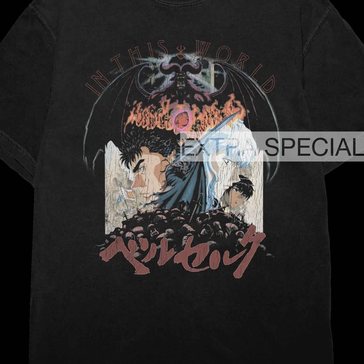 Berserk グラフィック Tシャツ ブラック 2XL Vintage 90's Berserk Guts Anime Movie Black Unisex T-Shirt Reprint